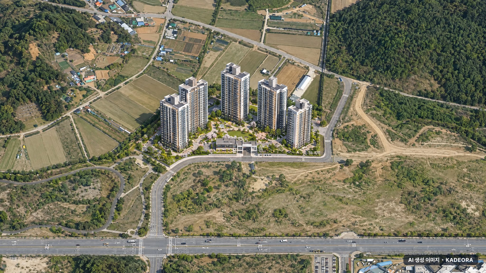 고덕국제신도시 수자인풍경채 2단지 단지 전경 AI 상상도(주간 항공) — 경기 평택시 착공 456세대