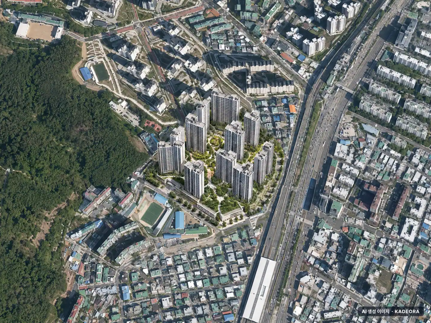 부산 연제구 거제4 재개발 총 1,505세대 기준 AI 상상도 — 실제와 다를 수 있음 부산 연제구 거제4 재개발 총 1,505세대 기준 AI 상상도(주간 항공) — 실제와 다를 수 있음