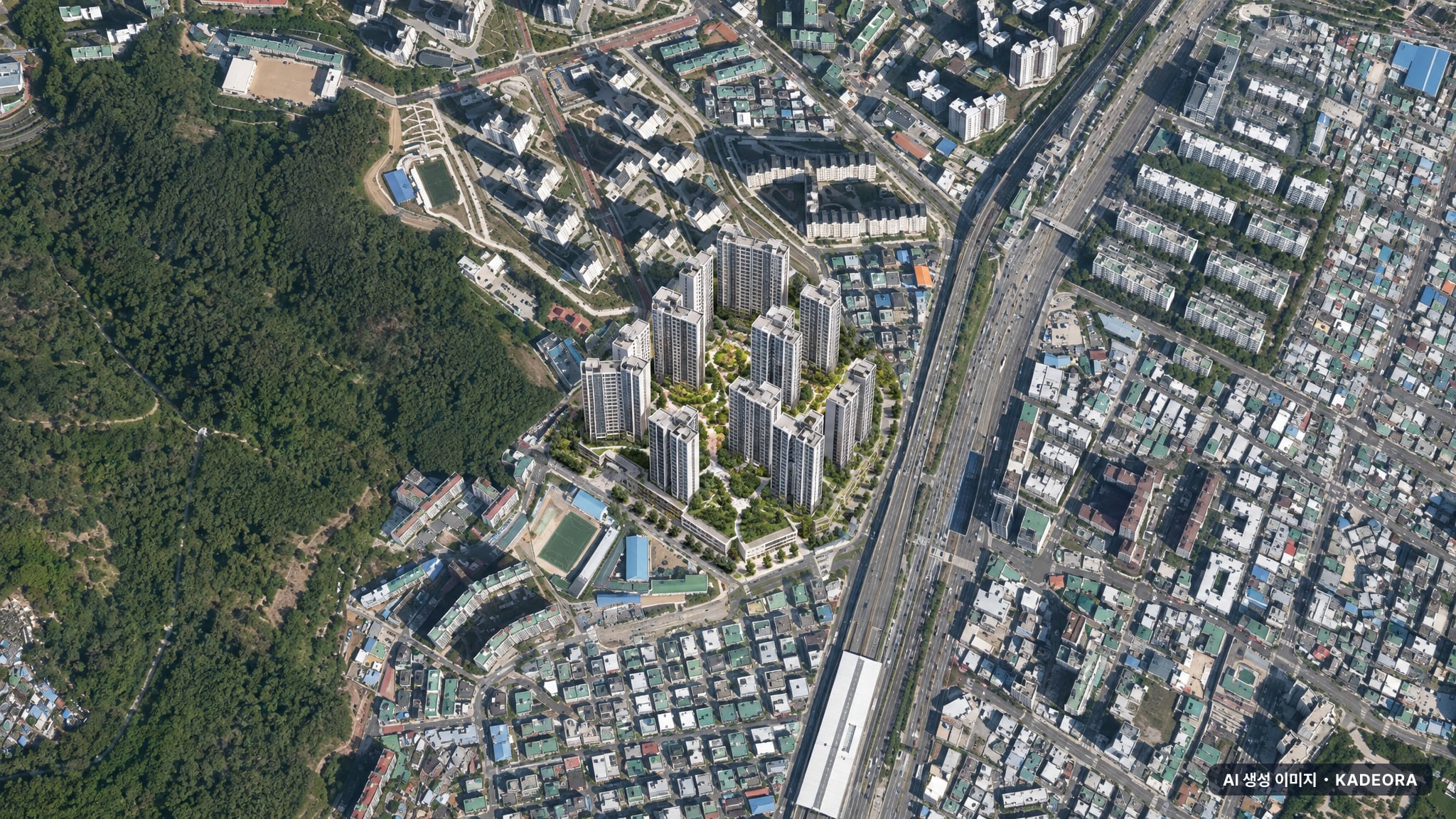 부산 연제구 거제4 재개발 주간 항공 상상도 · AI 생성 이미지로 실제와 다를 수 있음 부산 연제구 거제4 재개발 조감도 AI 상상도(주간 항공) — 부산 연제구 부지계획 1,505세대
