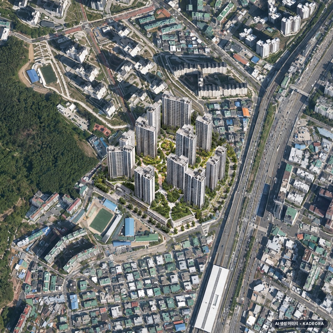 부산 연제구 거제4 재개발 조감도 AI 상상도(주간 항공) — 부산 연제구 부지계획 1,505세대