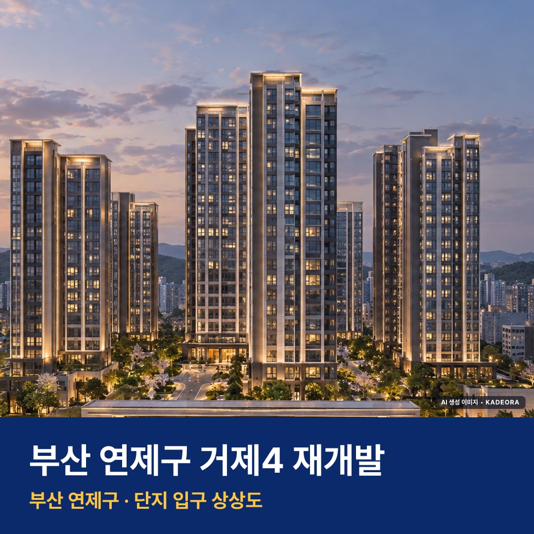 거제4 재개발 거제4 재개발 단지 전경 AI 상상도 — 연제구 거제동 1,505세대 — AI 생성 상상도 · 실제와 다를 수 있음