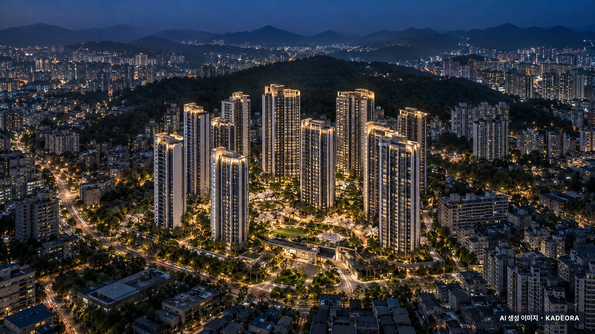 부산 연제구 거제4 재개발 조감도 AI 상상도(야경) — 부산 연제구 부지계획 1,505세대