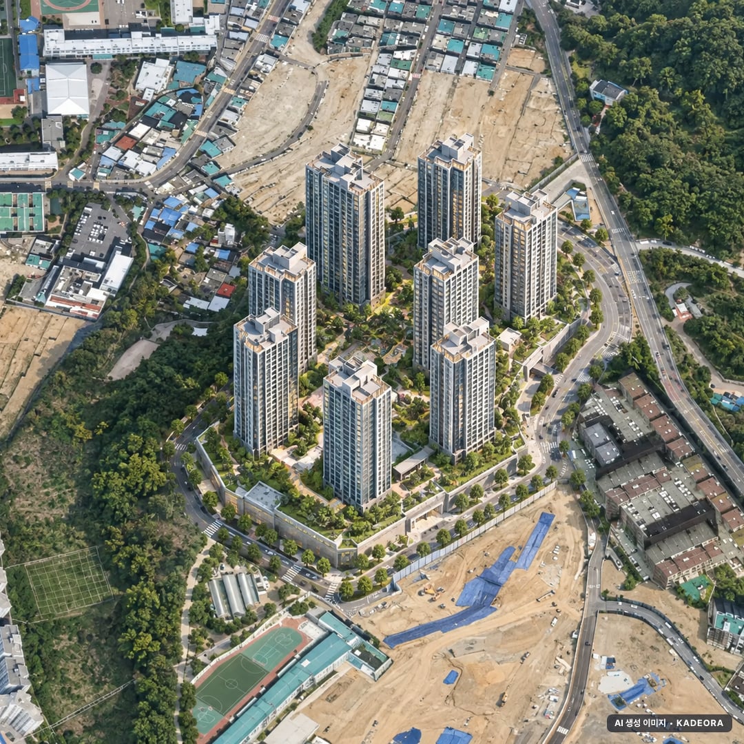 문현 푸르지오 트레시엘 단지 전경 AI 상상도(주간 항공) — 부산 남구 착공 561세대