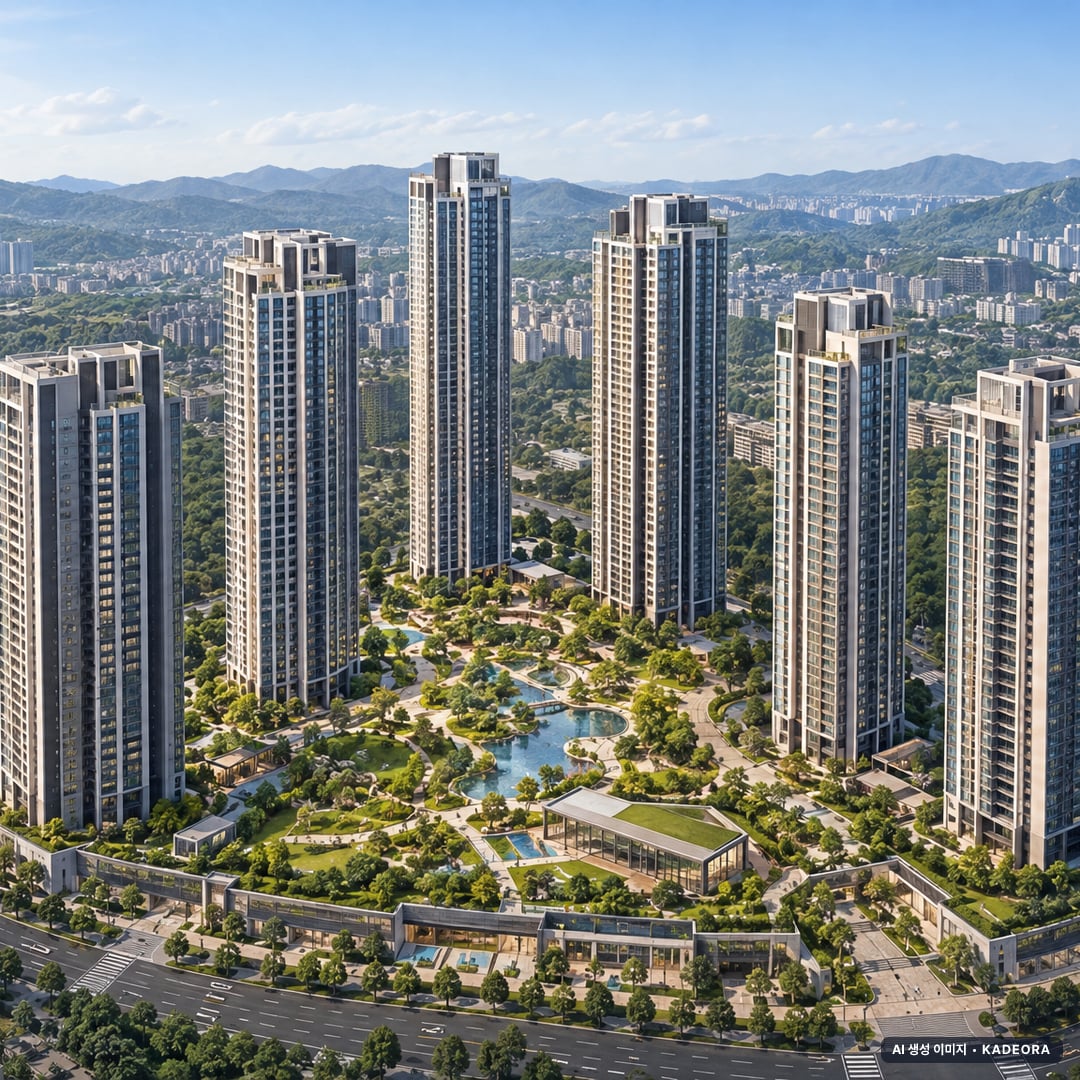 신천역 에피트(3차) 6개동·최고 47층·총 1,297세대(이번 8세대 공급) 기준 AI 상상도(주간 항공) — 실제와 다를 수 있음