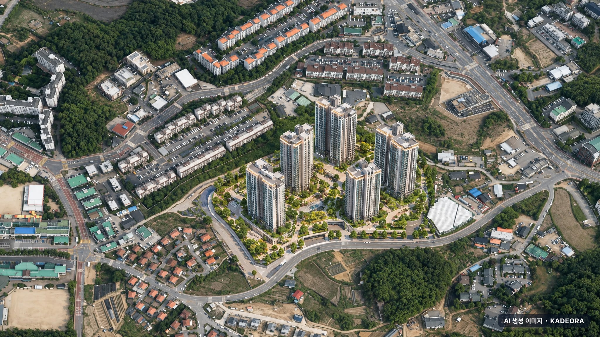 이천자이 더 레브 주간 항공 상상도 · AI 생성 이미지로 실제와 다를 수 있음 이천자이 더 레브 단지 전경 AI 상상도(주간 항공) — 경기 이천시 착공 635세대