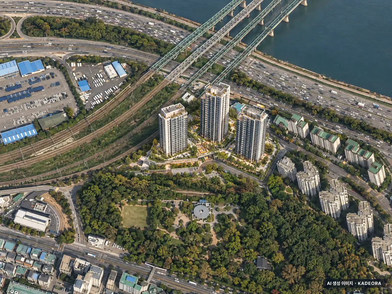동작구수방사 공공분양주택(본청약) 이번 263세대 공급 기준 AI 상상도(주간 항공) — 실제와 다를 수 있음