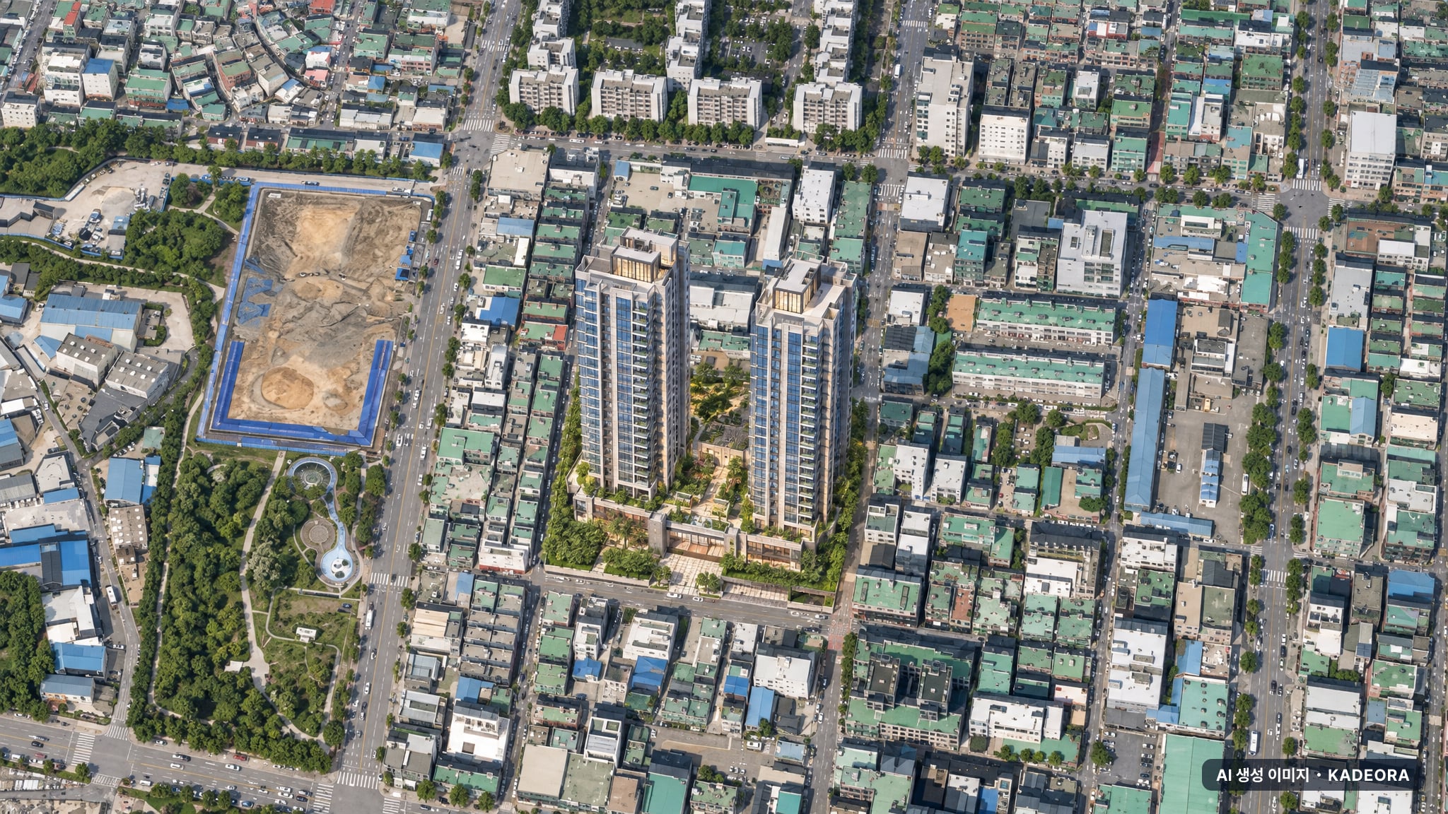 석남역 센트럴파크 그랑베르 주간 항공 상상도 · AI 생성 이미지로 실제와 다를 수 있음 석남역 센트럴파크 그랑베르 단지 전경 AI 상상도(주간 항공) — 인천 서해구 착공 101세대