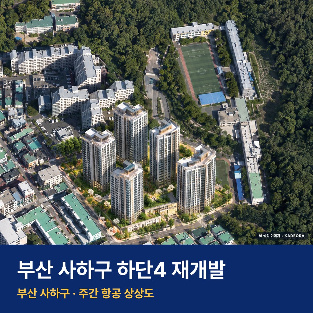 상상도 · AI 생성 이미지로 실제와 다를 수 있음 하단4 재개발 하단4 재개발 단지 전경 AI 상상도 — 사하구 하단동 920세대