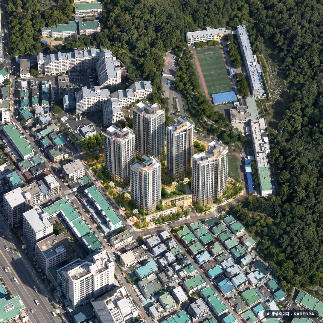 부산 사하구 하단4 재개발 조감도 AI 상상도(주간 항공) — 부산 사하구 부지계획 920세대