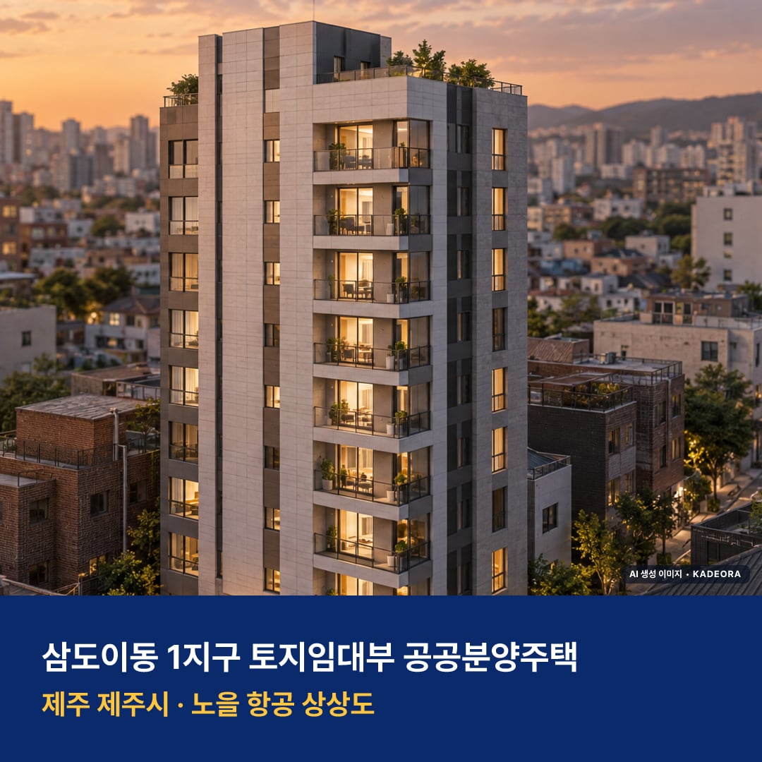 삼도이동 1지구 토지임대부 공공분양주택 청약 삼도이동 1지구 토지임대부 공공분양주택 단지 전경 AI 상상도 — 제주시 삼도이동 — AI 생성 상상도 · 실제와 다를 수 있음