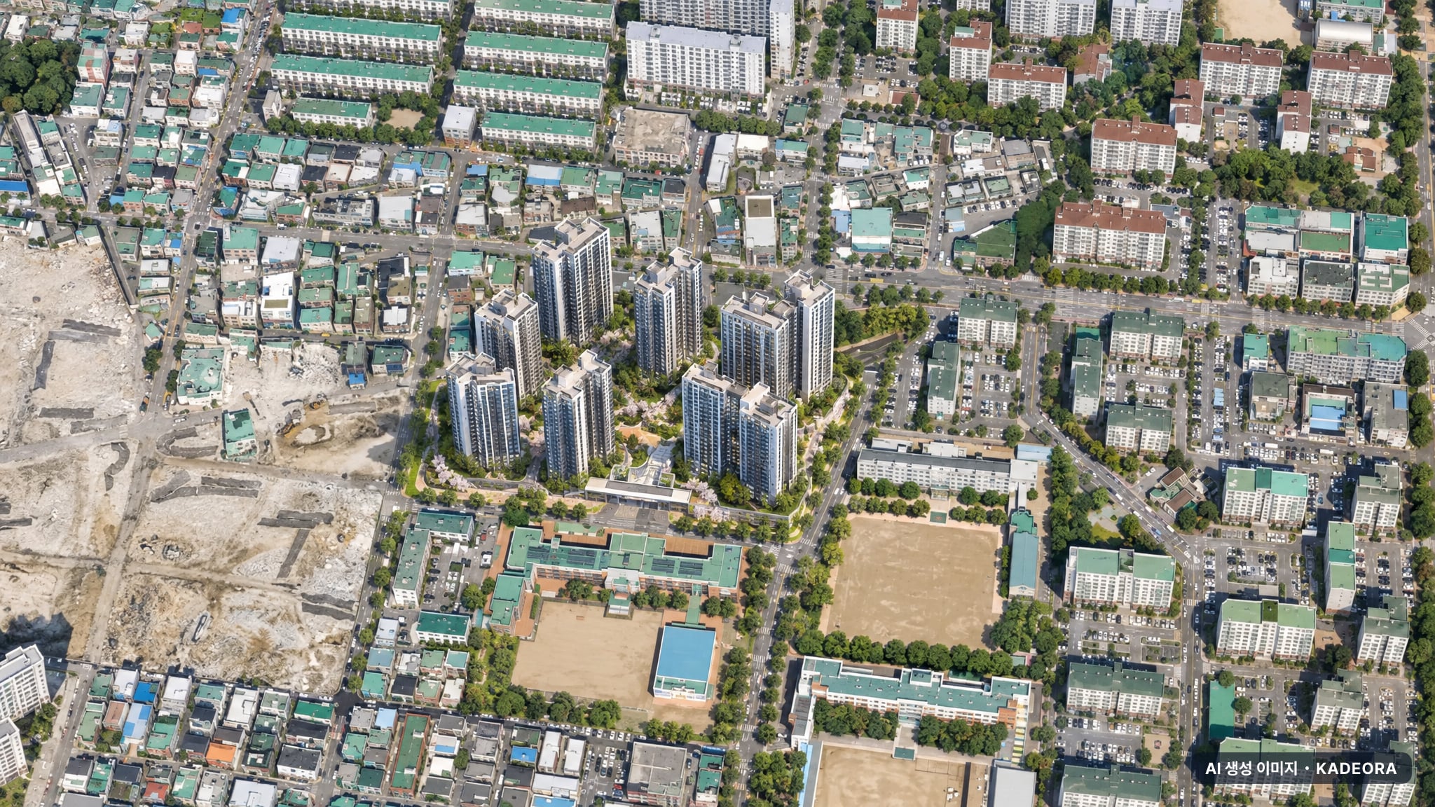 두산위브앤수자인 부평 더퍼스트 주간 항공 상상도 · AI 생성 이미지로 실제와 다를 수 있음 두산위브앤수자인 부평 더퍼스트 단지 전경 AI 상상도(주간 항공) — 인천 부평구 착공 1,126세대