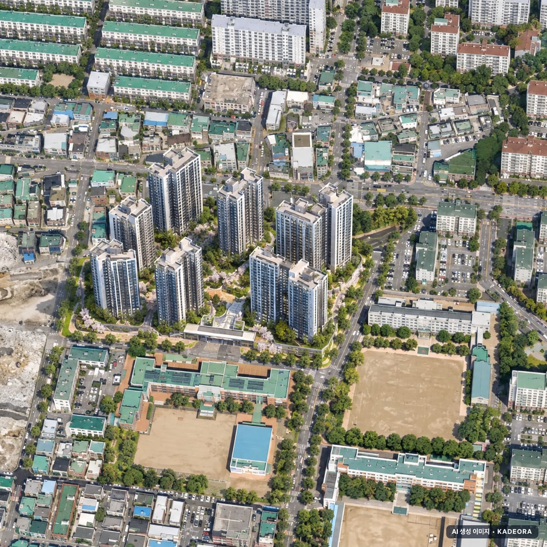 두산위브앤수자인 부평 더퍼스트 단지 전경 AI 상상도(주간 항공) — 인천 부평구 착공 1,126세대