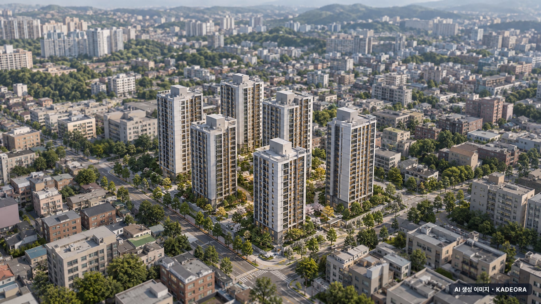 괴산 미니복합타운 A2BL 대광로제비앙 (사전청약) 주간 항공 상상도 · AI 생성 이미지로 실제와 다를 수 있음 괴산 미니복합타운 A2BL 대광로제비앙 (사전청약) 단지 전경 AI 상상도(주간 항공) — 괴산군 355세대