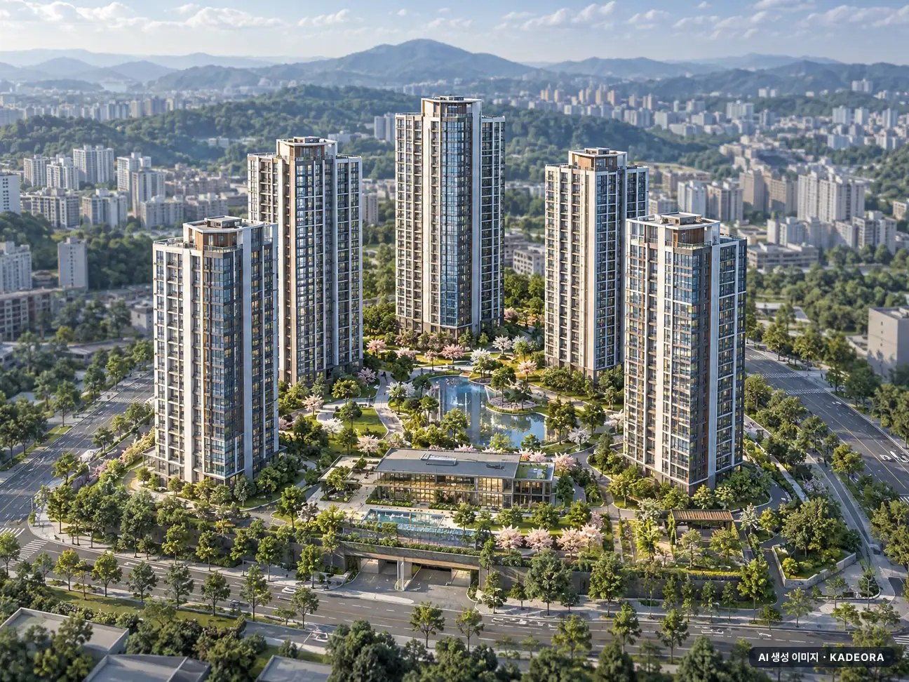 원주역 우미 린 더 스카이 5개동·최고 42층·총 900세대 기준 AI 상상도(주간 항공) — 실제와 다를 수 있음