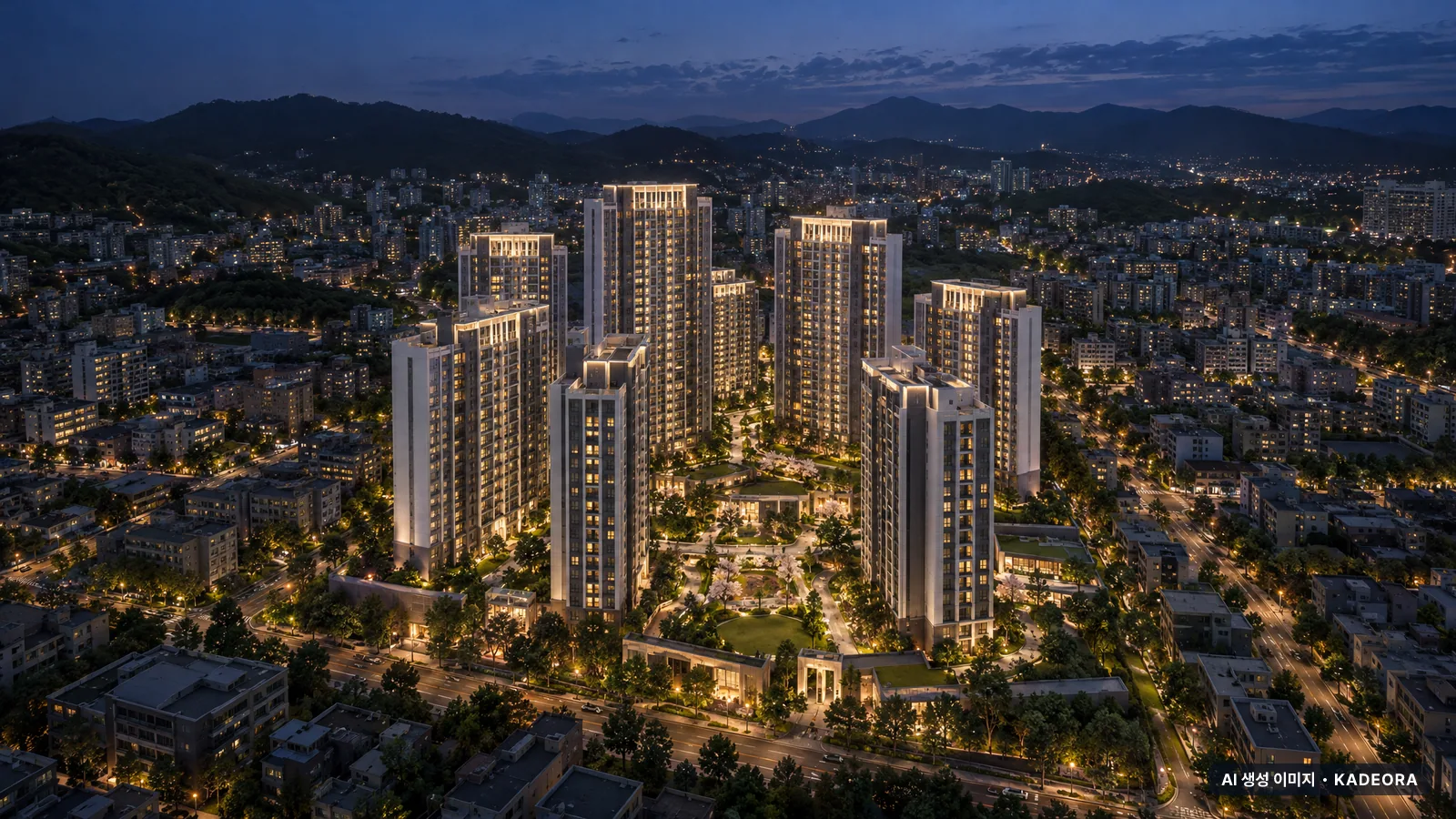 남춘천 센트레빌 조감도 참고 단지 야경 AI 상상도 — 춘천시 아파트 분양