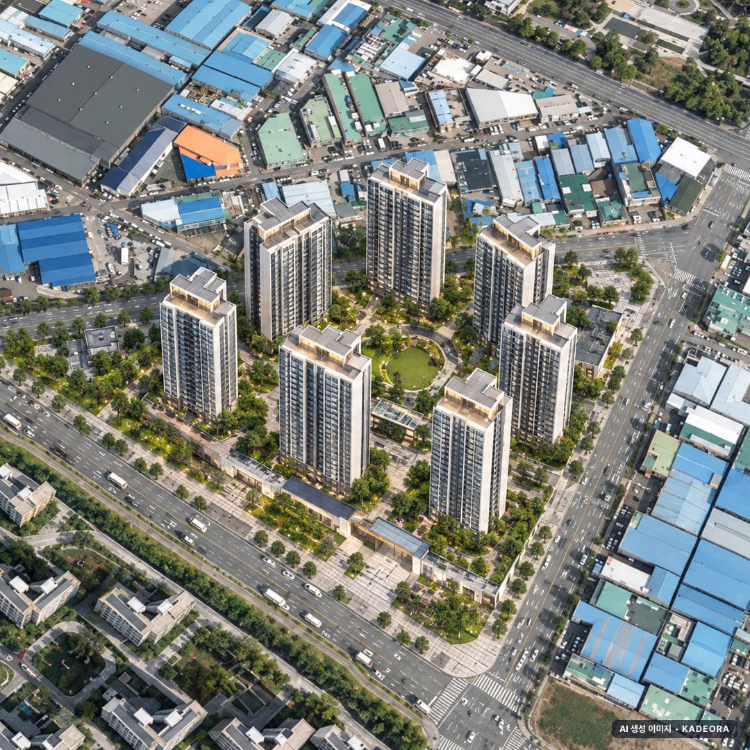 두산위브 더센트럴 도화 단지 전경 AI 상상도(주간 항공) — 인천 미추홀구 착공 412세대