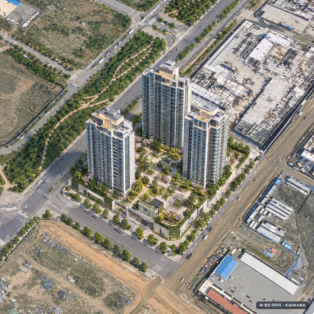 송도자이풍경채 그라노블 5단지 단지 전경 AI 상상도(주간 항공) — 인천 연수구 착공 610세대