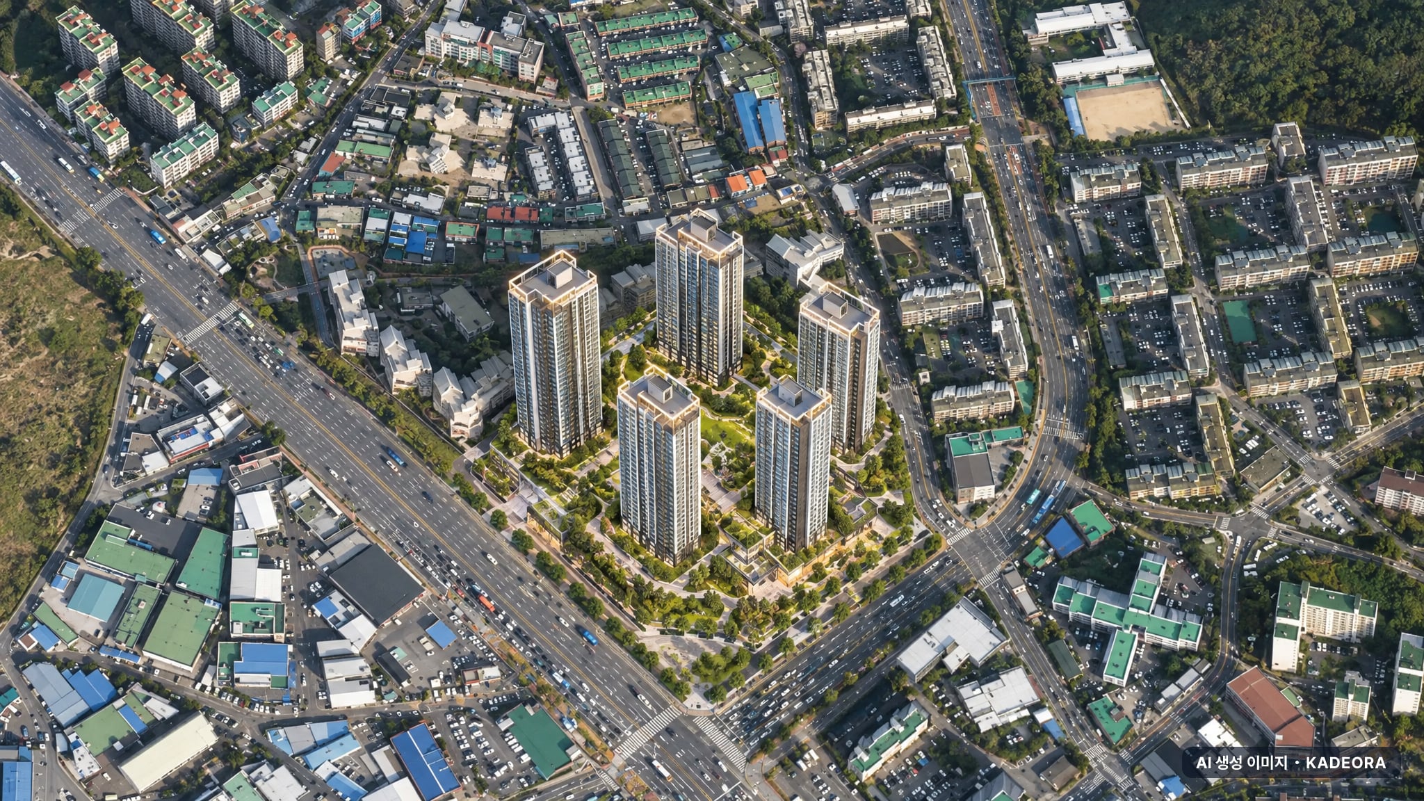 의왕 센트라인 데시앙 단지 전경 AI 상상도(주간 항공) — 경기 의왕시 착공 532세대