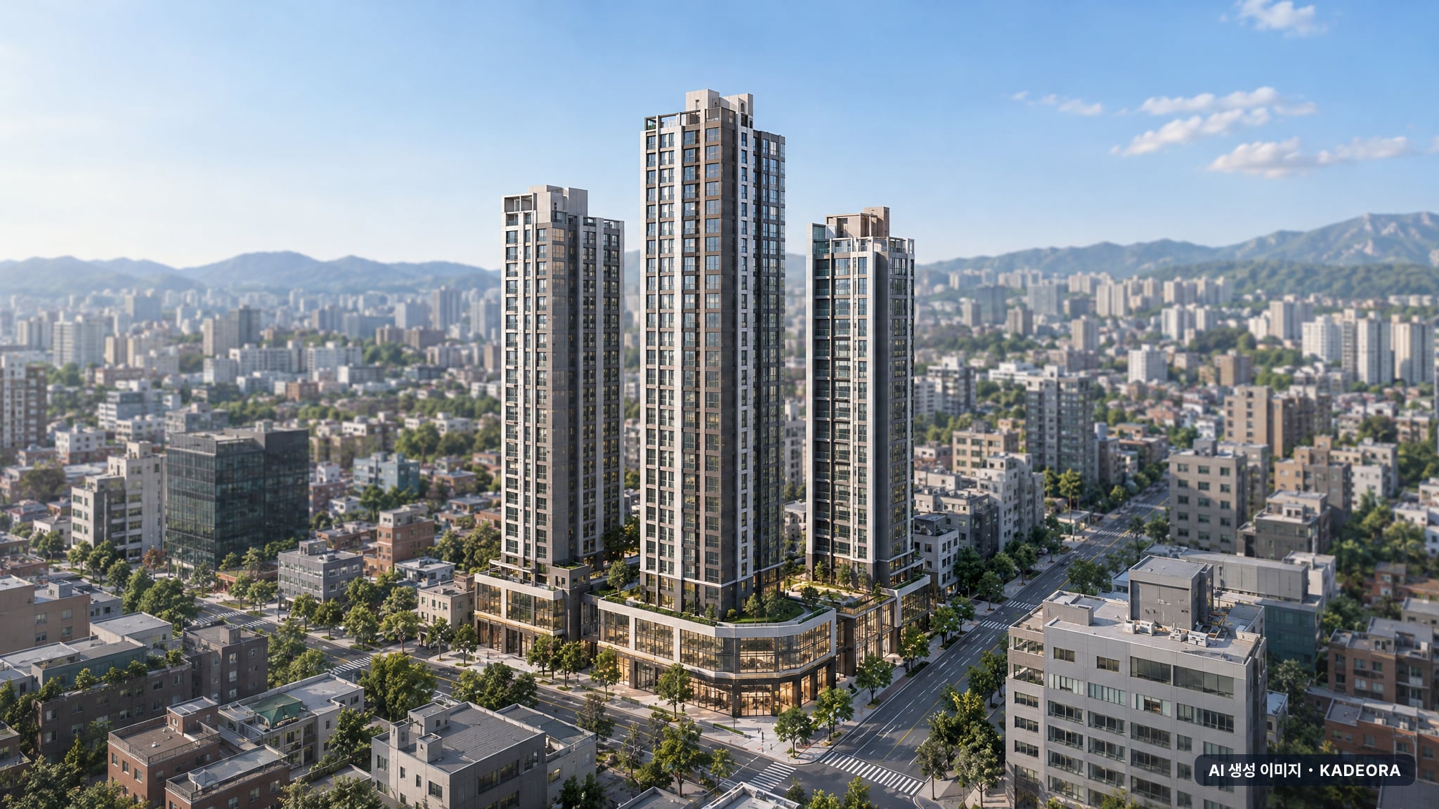 파주 운정3지구 주상복합용지 5BL (사전청약) 3개동·최고 37층·총 386세대(이번 332세대 공급) 기준 AI 상상도(주간 항공) — 실제와 다를 수 있음