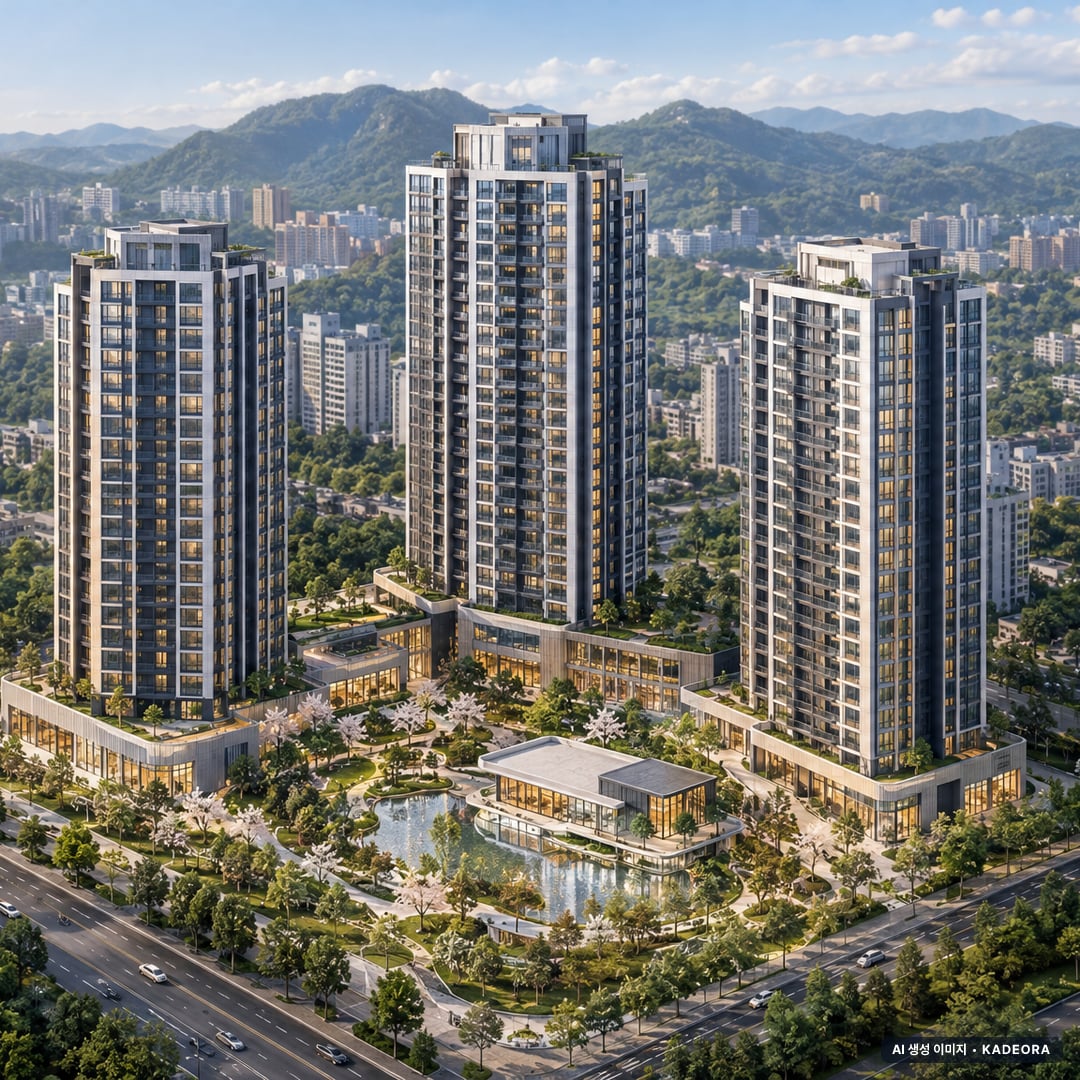 파주 운정3지구 주상복합용지 5BL (사전청약) 주간 항공 상상도 · AI 생성 이미지로 실제와 다를 수 있음 파주 운정3지구 주상복합용지 5BL (사전청약) 단지 전경 AI 상상도(주간 항공) — 경기 파주시 착공 332세대
