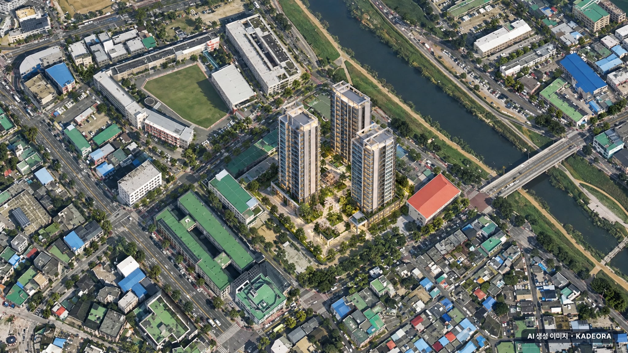 선화동 참좋은아파트 우선분양전환 후 잔여세대(2차) 주간 항공 상상도 · AI 생성 이미지로 실제와 다를 수 있음 선화동 참좋은아파트 우선분양전환 후 잔여세대(2차) 단지 전경 AI 상상도(주간 항공) — 대전 중구 착공 2세대