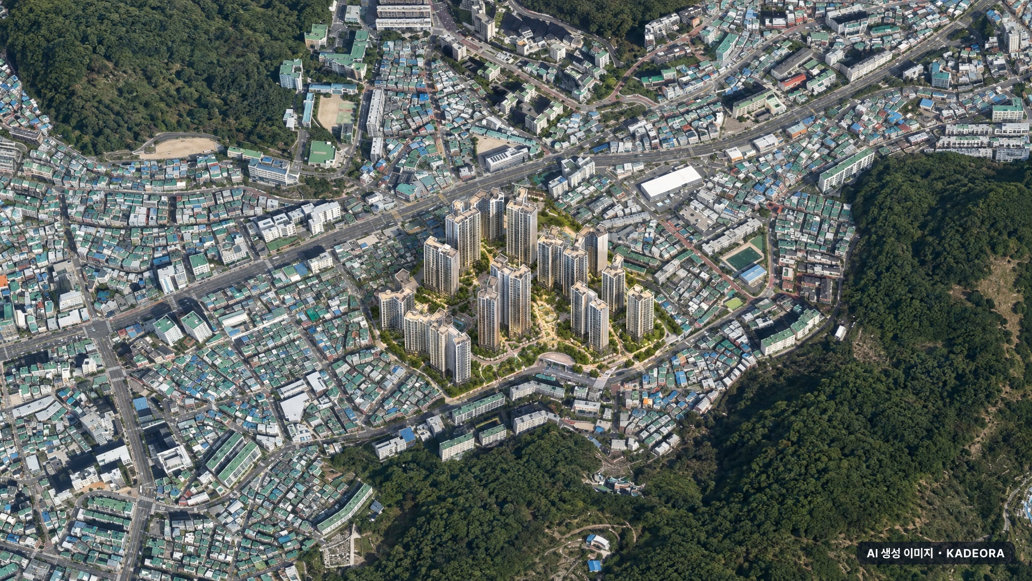 부산 사하구 괴정11 재개발 주간 항공 상상도 · AI 생성 이미지로 실제와 다를 수 있음 부산 사하구 괴정11 재개발 조감도 AI 상상도(주간 항공) — 부산 사하구 부지계획 2,533세대