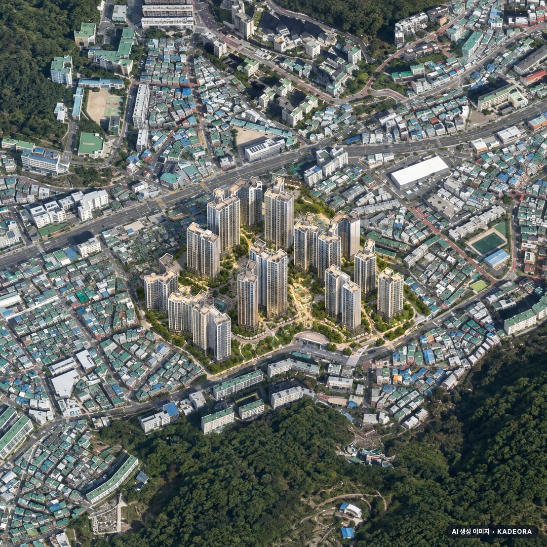 부산 사하구 괴정11 재개발 조감도 AI 상상도(주간 항공) — 부산 사하구 부지계획 2,533세대