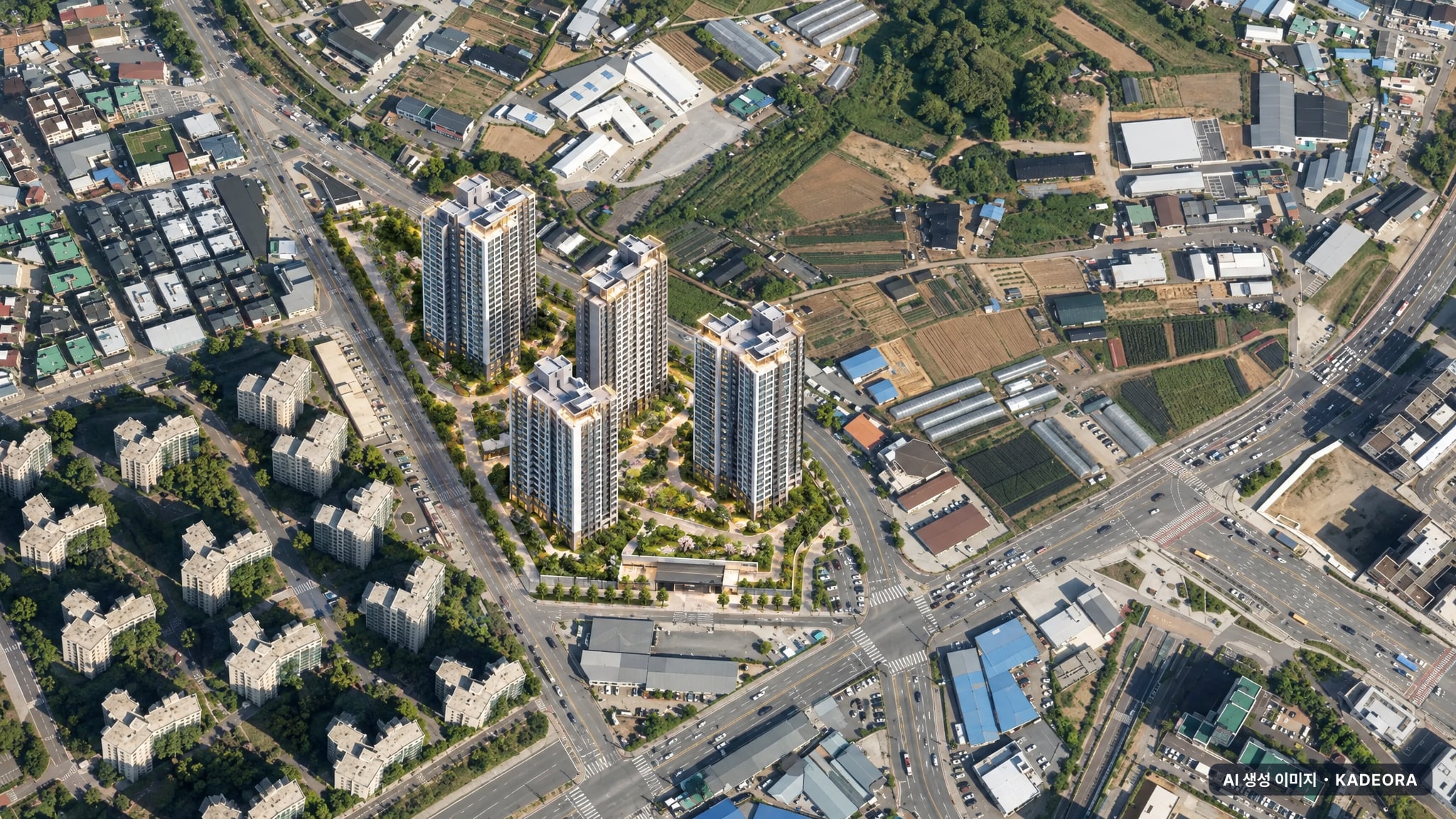 힐스테이트 시흥더클래스 단지 전경 AI 상상도(주간 항공) — 경기 시흥시 착공 430세대