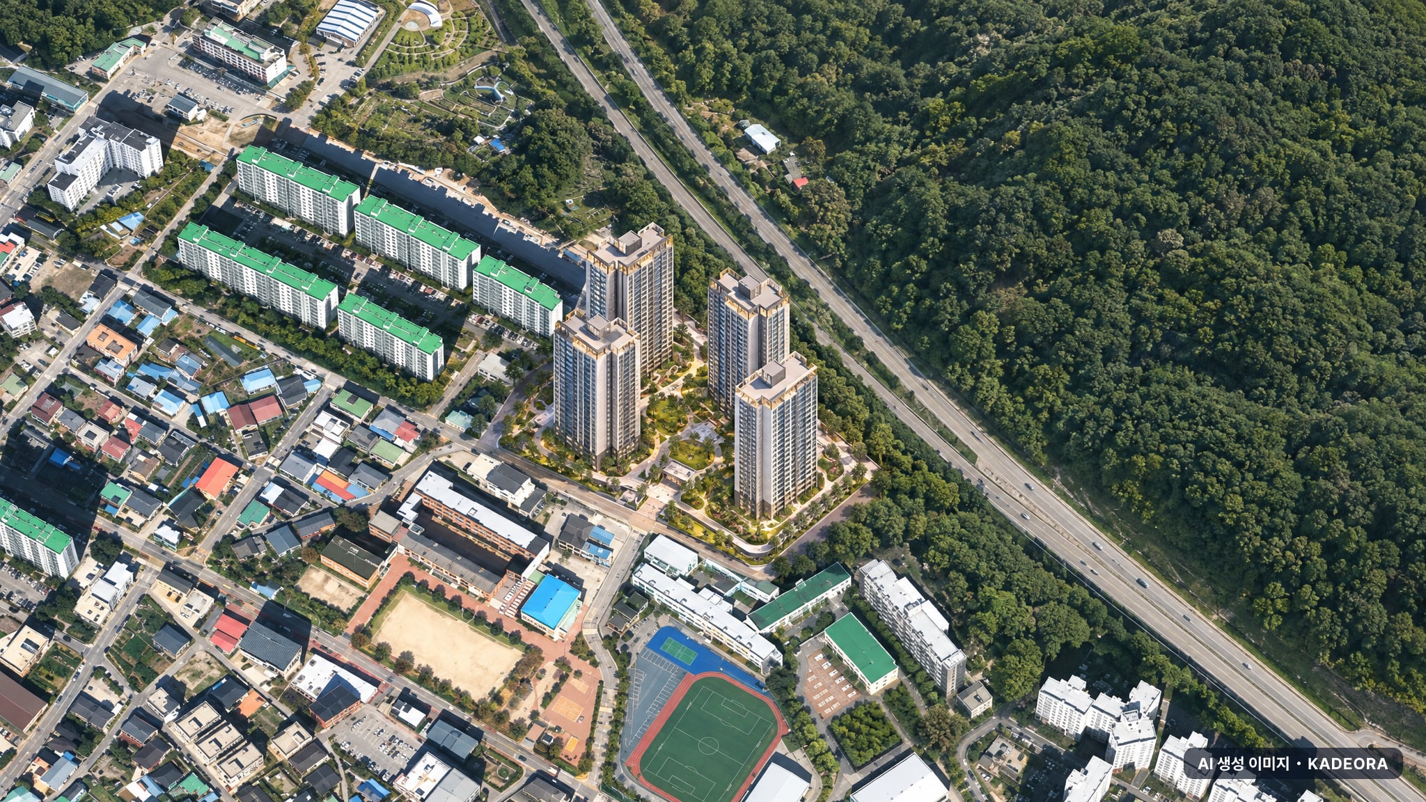 정읍 상동 예다음2차 주간 항공 상상도 · AI 생성 이미지로 실제와 다를 수 있음 정읍 상동 예다음2차 단지 전경 AI 상상도(주간 항공) — 전북 정읍시 착공 221세대