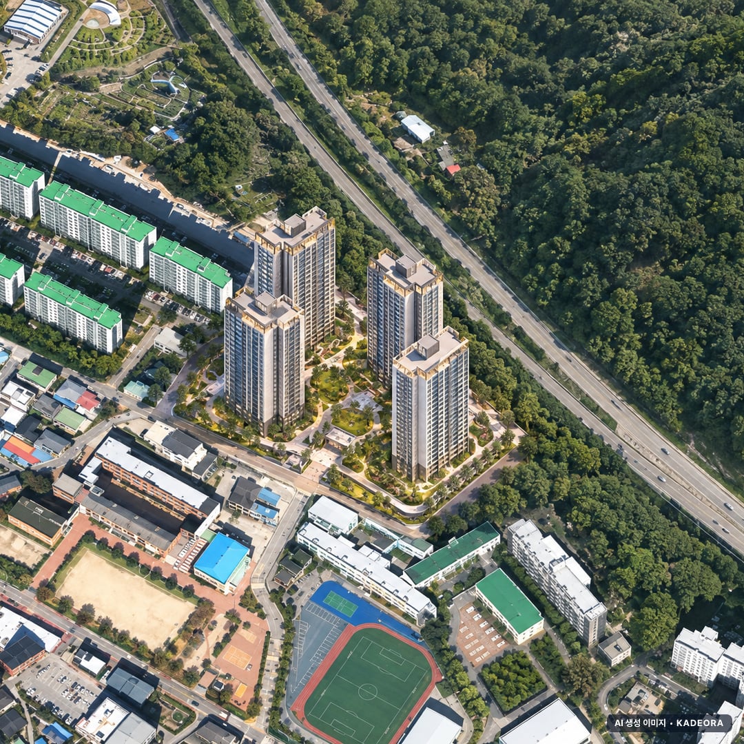 정읍 상동 예다음2차 주간 항공 상상도 · AI 생성 이미지로 실제와 다를 수 있음 정읍 상동 예다음2차 단지 전경 AI 상상도(주간 항공) — 전북 정읍시 착공 221세대