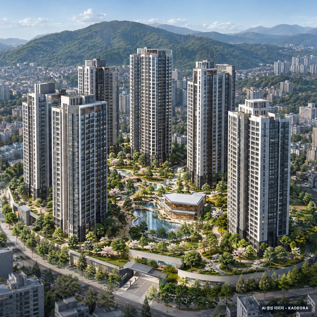 울산 북구 연암동 재건축 주간 항공 상상도 · AI 생성 이미지로 실제와 다를 수 있음 울산 북구 연암동 재건축 단지 전경 AI 상상도(주간 항공) — 북구