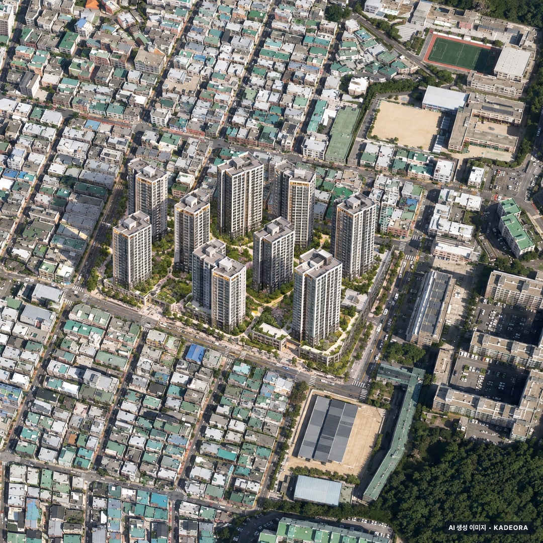 부산 남구 용호7 재개발 조감도 AI 상상도(주간 항공) — 부산 남구 조합설립 1,112세대
