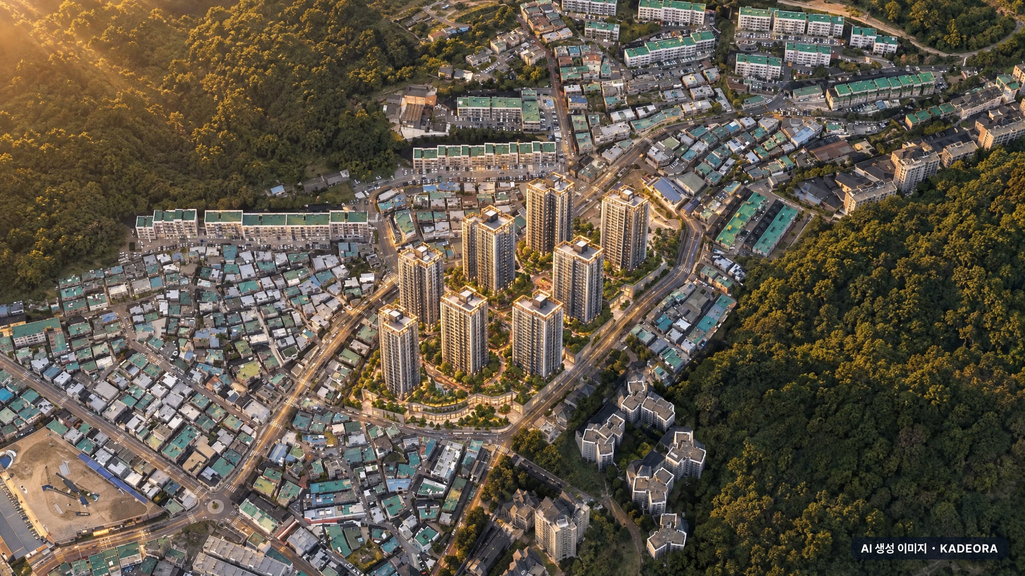 더샵 당리센트리체 노을 항공 상상도 · AI 생성 이미지로 실제와 다를 수 있음 더샵 당리센트리체 단지 전경 AI 상상도(노을 항공) — 부산 사하구 착공 358세대