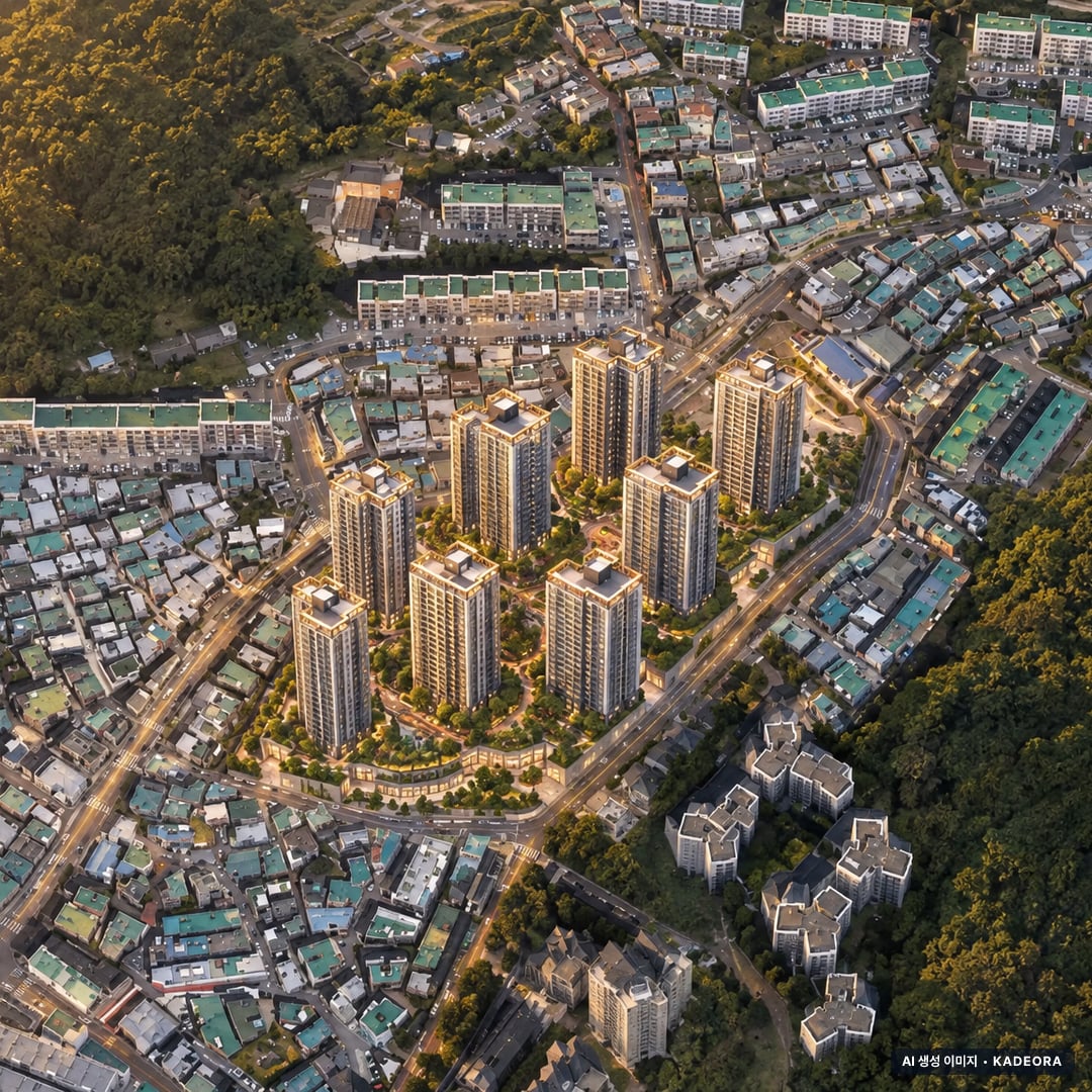 더샵 당리센트리체 단지 전경 AI 상상도(노을 항공) — 부산 사하구 착공 358세대