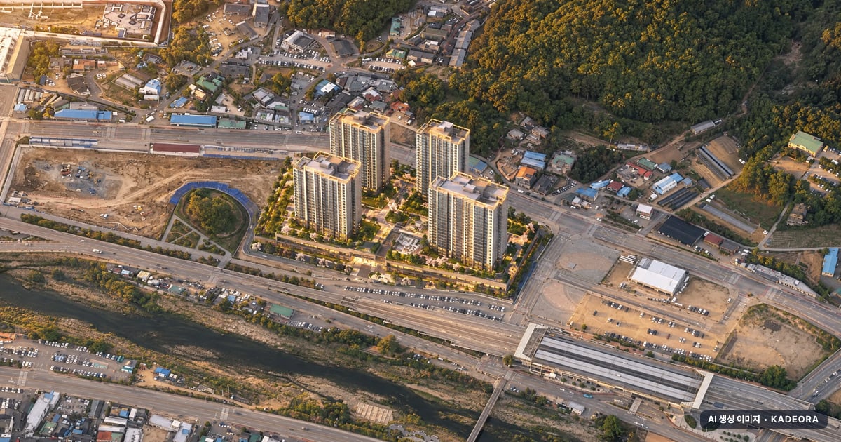 곤지암역 센트럴 아이파크 노을 항공 상상도 · AI 생성 이미지로 실제와 다를 수 있음 곤지암역 센트럴 아이파크 단지 전경 AI 상상도(노을 항공) — 경기 광주시 착공 347세대