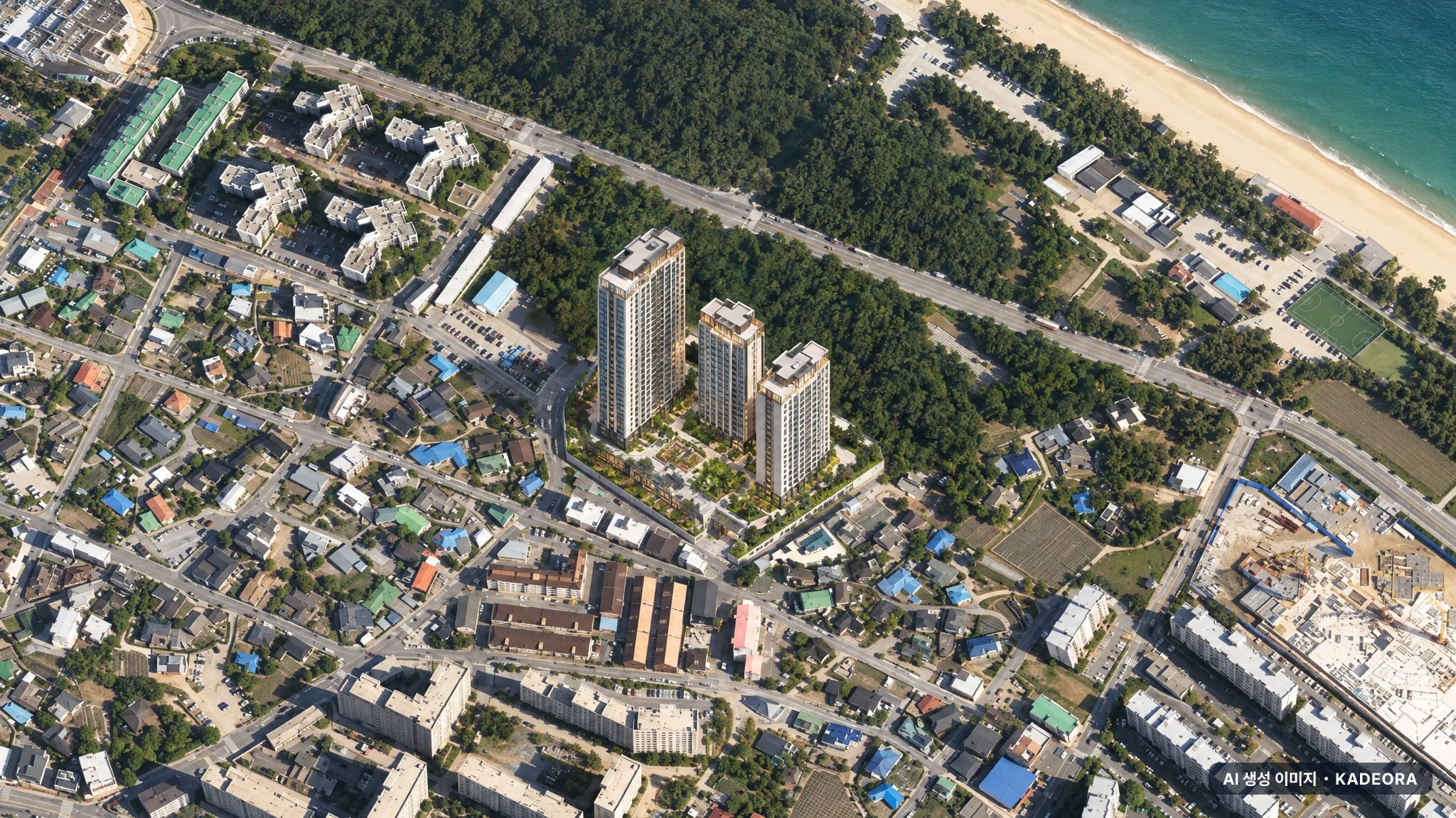 강릉자이르네 디오션 단지 전경 AI 상상도(주간 항공) — 강원 강릉시 착공 228세대