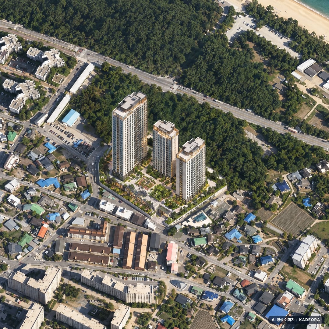 강릉자이르네 디오션 주간 항공 상상도 · AI 생성 이미지로 실제와 다를 수 있음 강릉자이르네 디오션 단지 전경 AI 상상도(주간 항공) — 강원 강릉시 착공 228세대