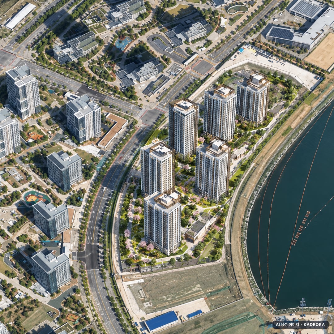 힐스테이트 레이크 송도 5차 단지 전경 AI 상상도(주간 항공) — 인천 연수구 착공 722세대