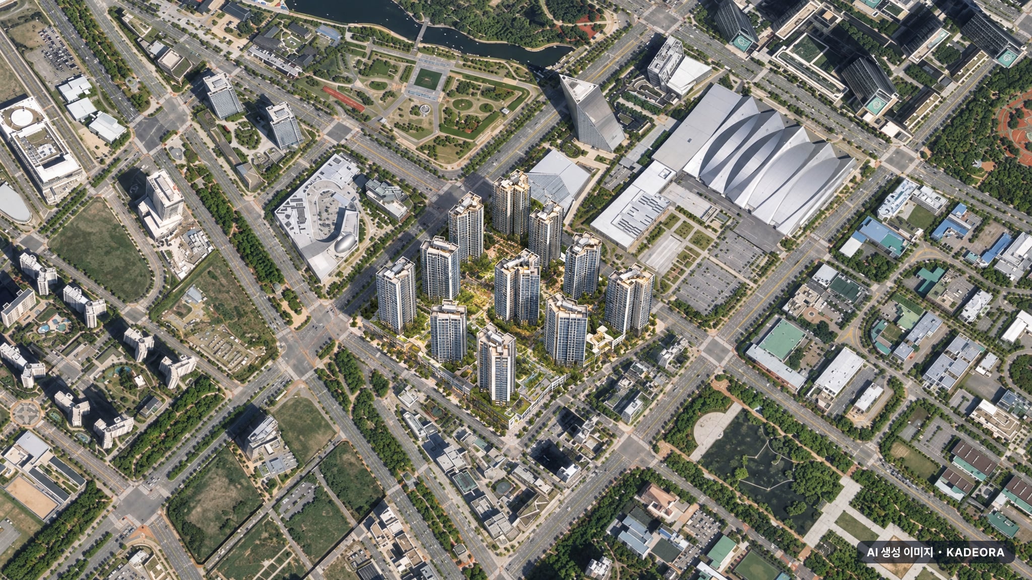 인천 송도 재개발 조감도 AI 상상도(주간 항공) — 인천 연수구 부지계획 2,000세대