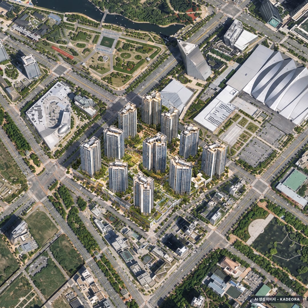 인천 송도 재개발 조감도 AI 상상도(주간 항공) — 인천 연수구 부지계획 2,000세대