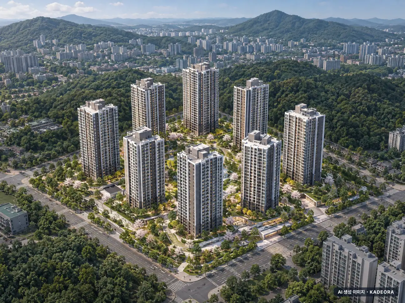 트리븐센텀 2단지 9개동·최고 29층·총 792세대 기준 AI 상상도(주간 항공) — 실제와 다를 수 있음