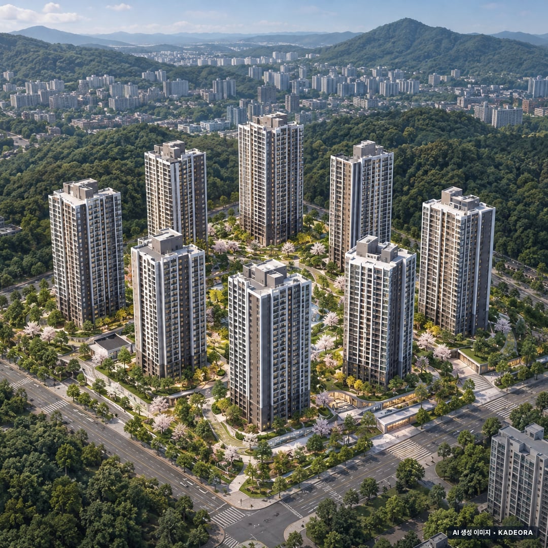 트리븐센텀 2단지 9개동·최고 29층·총 792세대 기준 AI 상상도(주간 항공) — 실제와 다를 수 있음