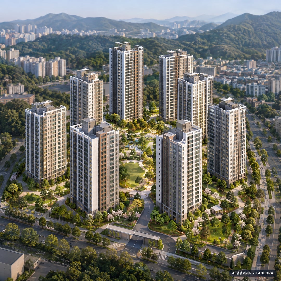 트리븐센텀 2단지 9개동·최고 29층·총 792세대 기준 AI 상상도(주간 항공) — 실제와 다를 수 있음