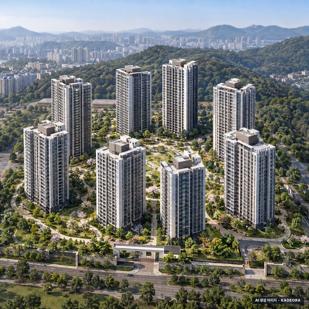 트리븐센텀 2단지 9개동·최고 29층·총 852세대(이번 792세대 공급) 기준 AI 상상도(주간 항공) — 실제와 다를 수 있음