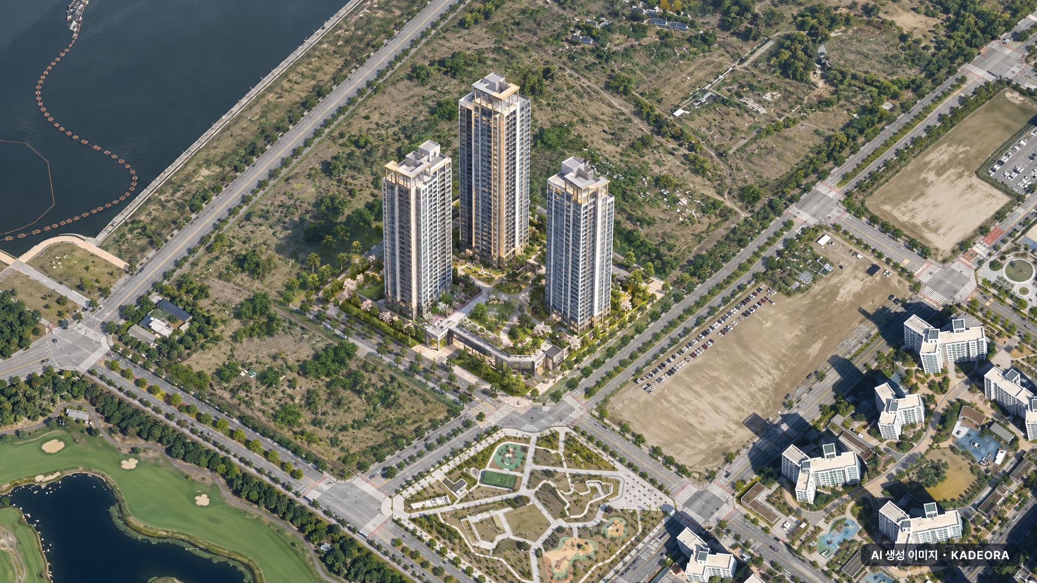 더샵 송도그란테르 G5-3블록 단지 전경 AI 상상도(주간 항공) — 인천 연수구 착공 85세대