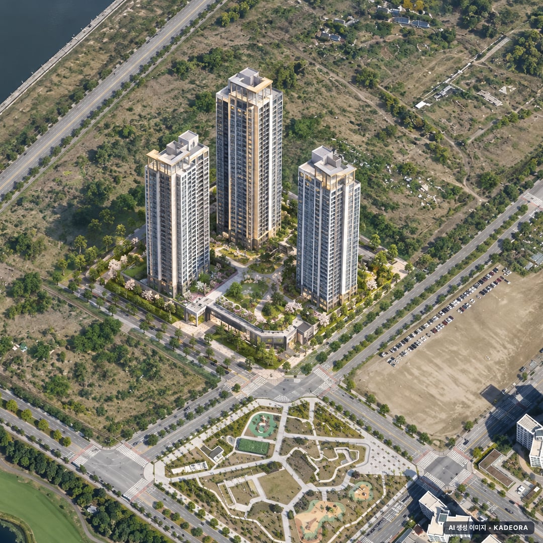 더샵 송도그란테르 G5-3블록 단지 전경 AI 상상도(주간 항공) — 인천 연수구 착공 85세대