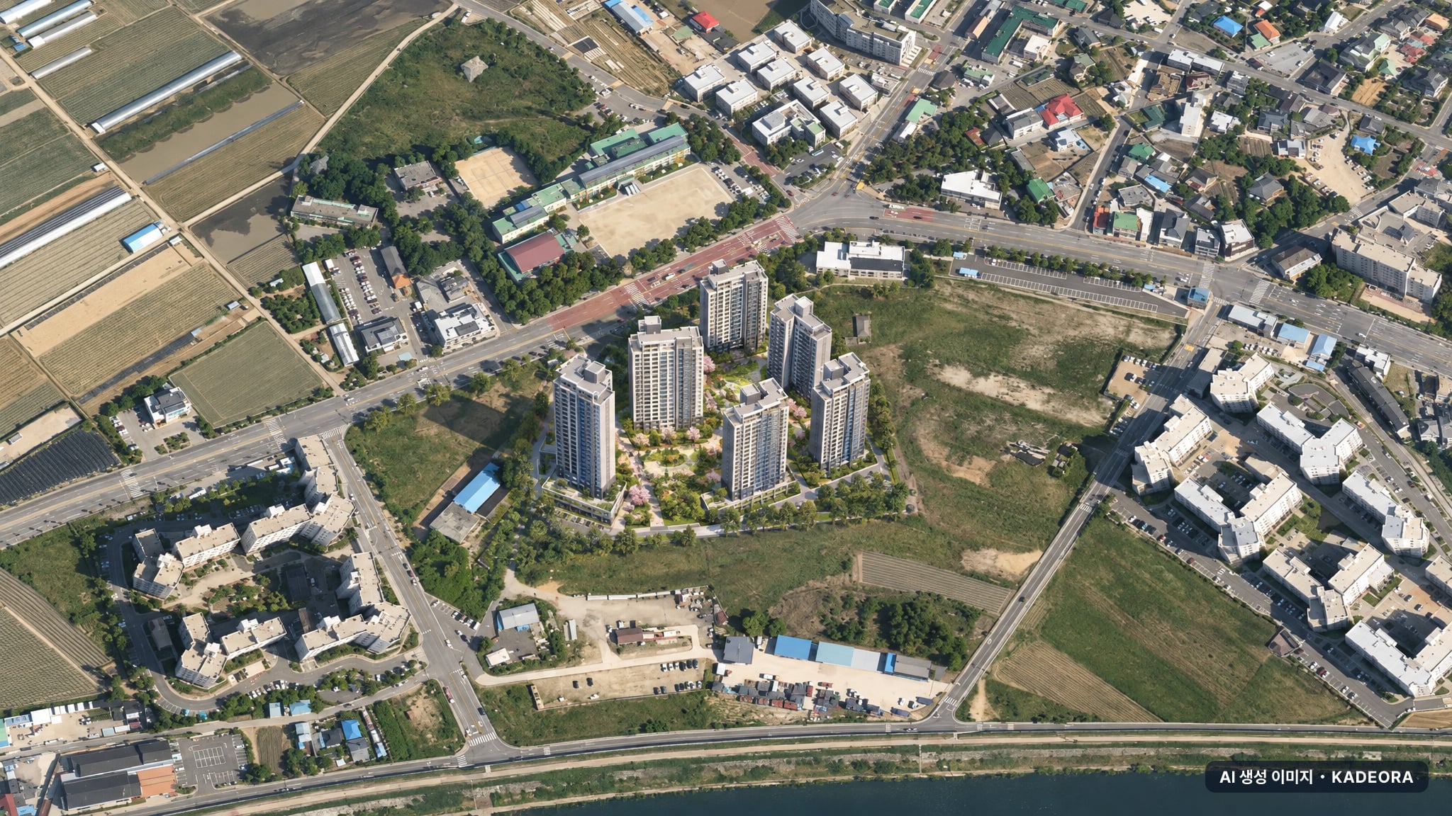 강릉 우미 린 더 프리미어 단지 전경 AI 상상도(주간 항공) — 강원 강릉시 착공 772세대