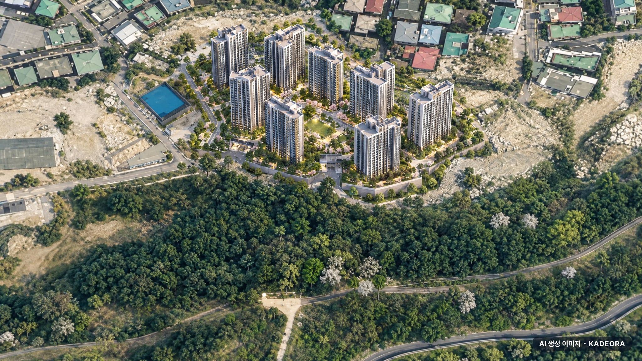 써밋 더힐 단지 전경 AI 상상도(주간 항공) — 서울 동작구 착공 1,515세대