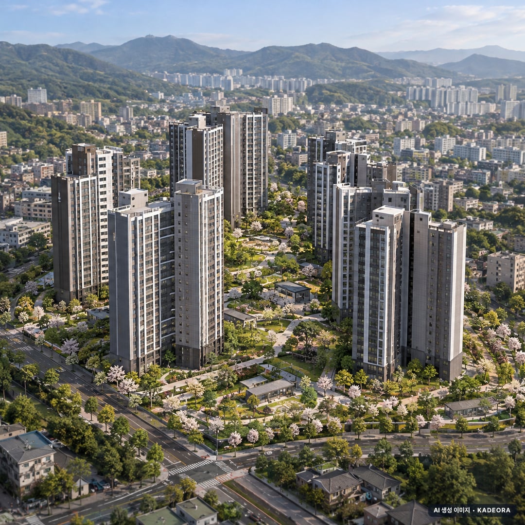 형곡 센트럴 아테라 7개동·최고 29층·총 770세대(이번 135세대 공급) 기준 AI 상상도(주간 항공) — 실제와 다를 수 있음