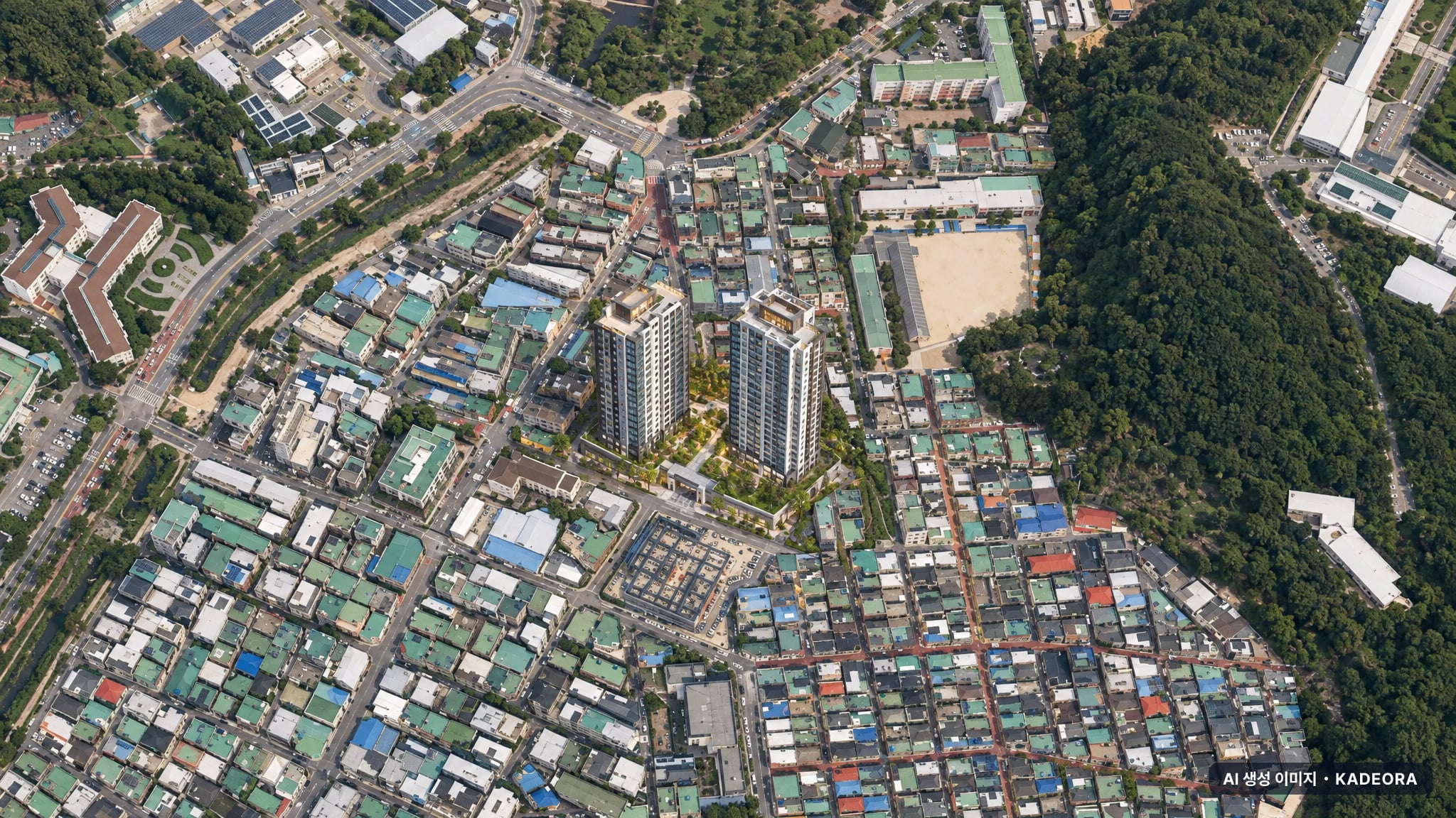 서광교 한라비발디 레이크포레 주간 항공 상상도 · AI 생성 이미지로 실제와 다를 수 있음 서광교 한라비발디 레이크포레 단지 전경 AI 상상도(주간 항공) — 경기 수원시 착공 285세대